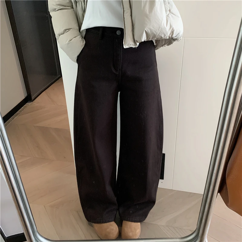 

Корейские утепленные джинсы с высокой талией и широкими штанинами, женские зимние теплые хлопковые джинсовые брюки свободного кроя на пуговицах