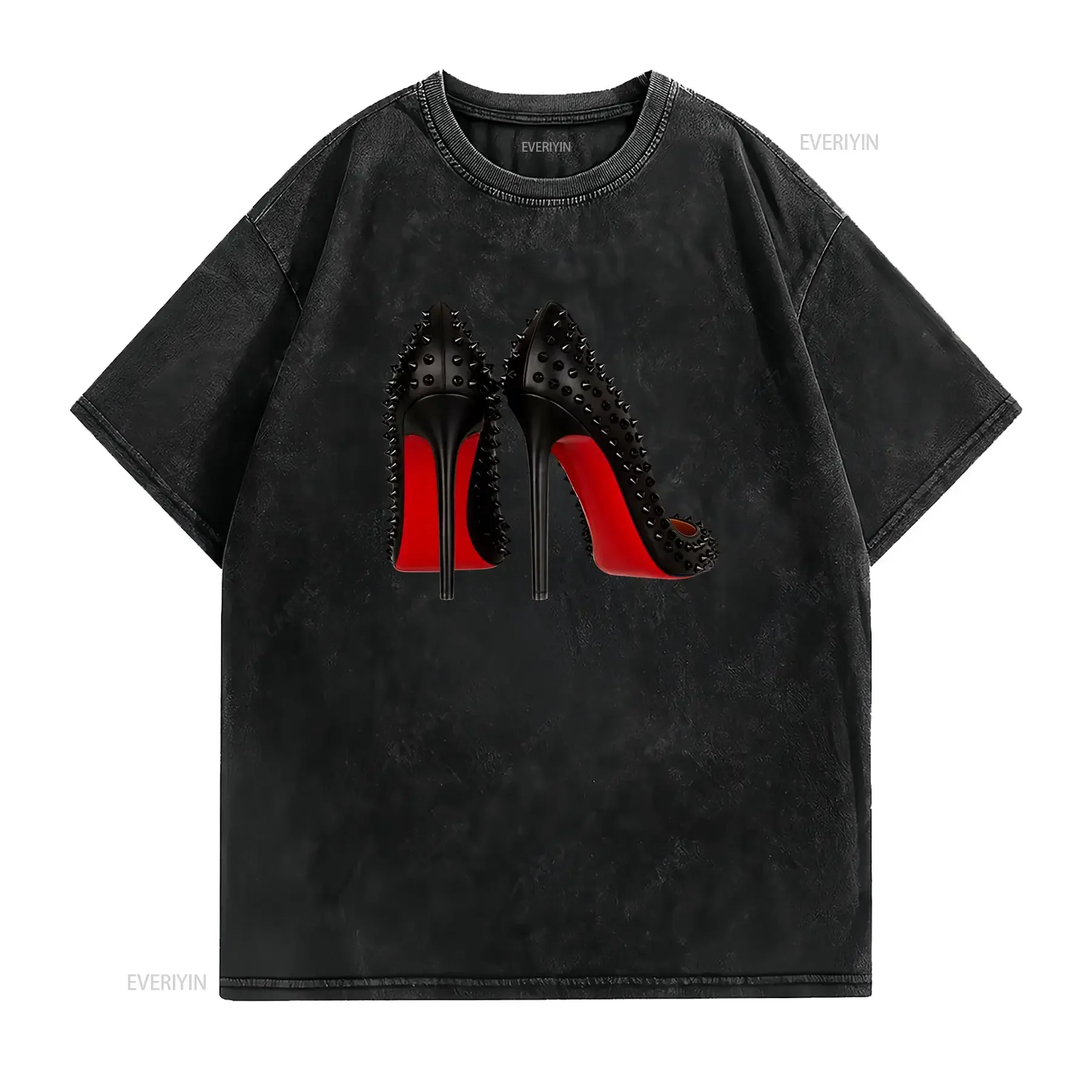 Damen T Shirt in Schwarz mit roten High Heels Freizeit Formelles Oberteil Rundhalsausschnitt nicht durchsichtig vintage Washed
