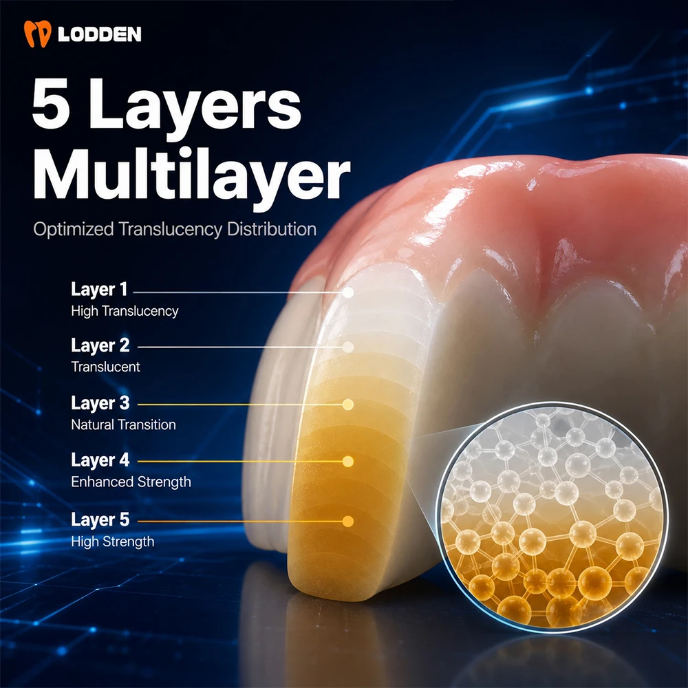 Lodden 3D PRO Dental Zirconia Blocks 5-Layer Multilayer Gradient 800-1200MPa Strength & 43-49% Translucency for CAD CAM Sinocera