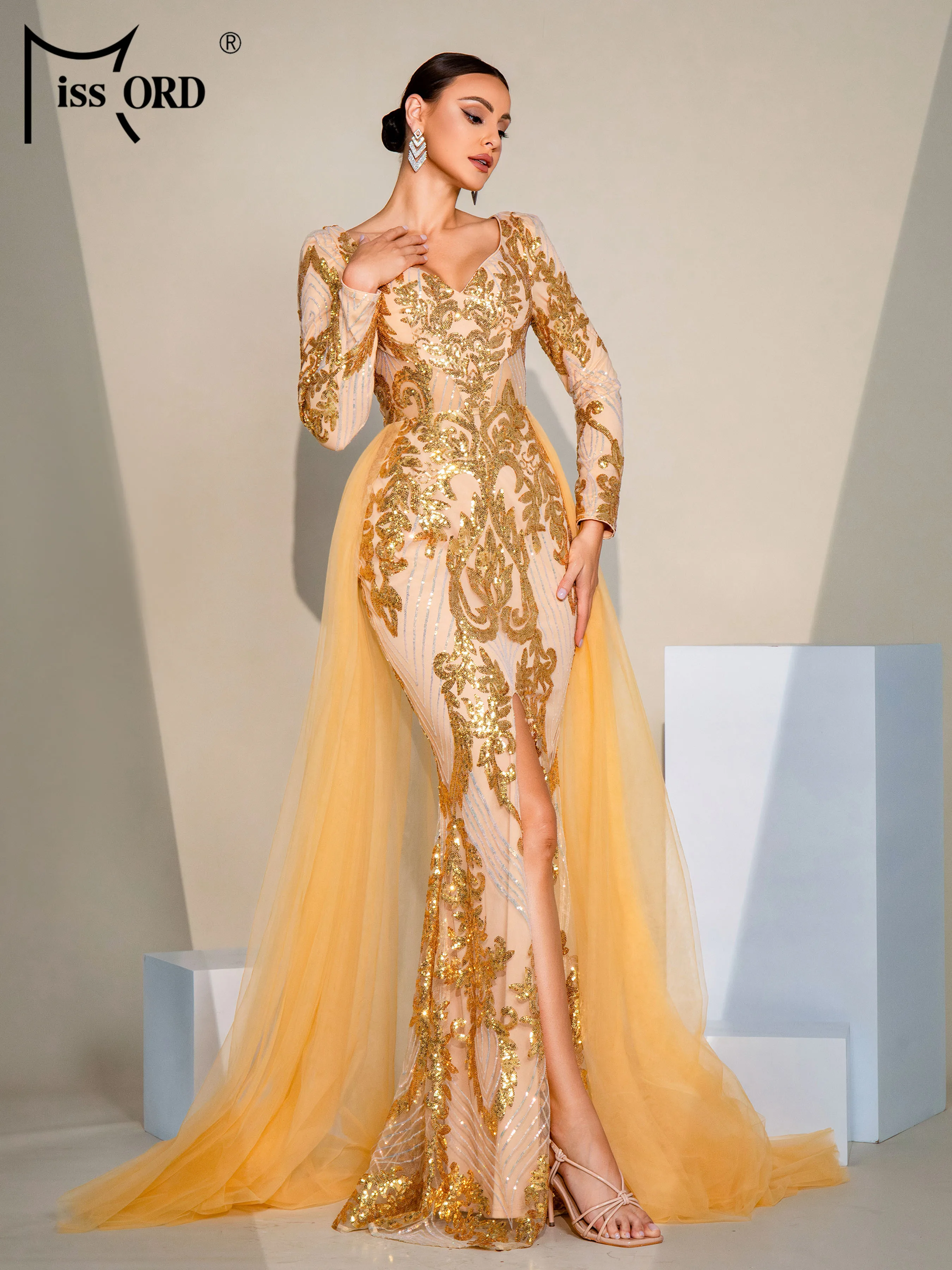 Missord Church Dress V Neck Long Sleeved Slim Sequin Evening Formal Occasion Wedding Birthday Party High Quality Luxury Dresses