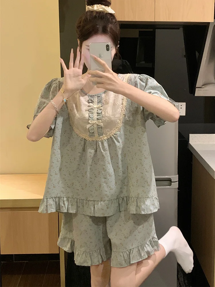 Print Princess Sweet Lace Soft Flowers 100%Cotton Korean Summer Short Sleeve Pajama Set Women Vintage  Loose Casual Sleepwear