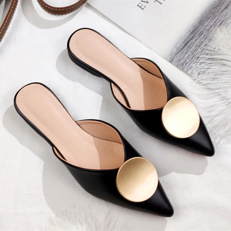 Women Etiquette Fluorescein Designer Luxury Slippers Flat Point Toe Shoes With Metal Circle Leather Summer Slides Black Beige 42