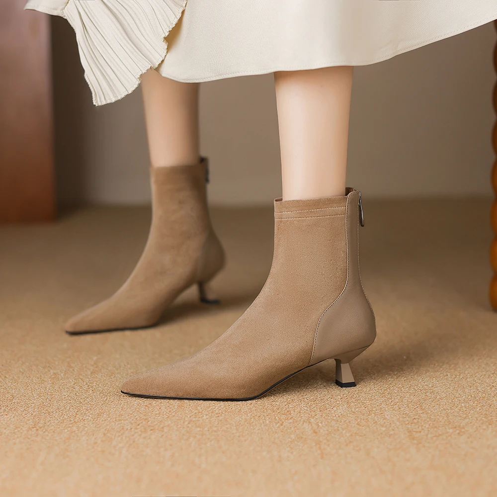 2026 Winter Sexy Geniune Leather Women Ankle Booties Pointed Toe Med Heels Lady  Shoes Large Small Plus Size 12 31 44 47