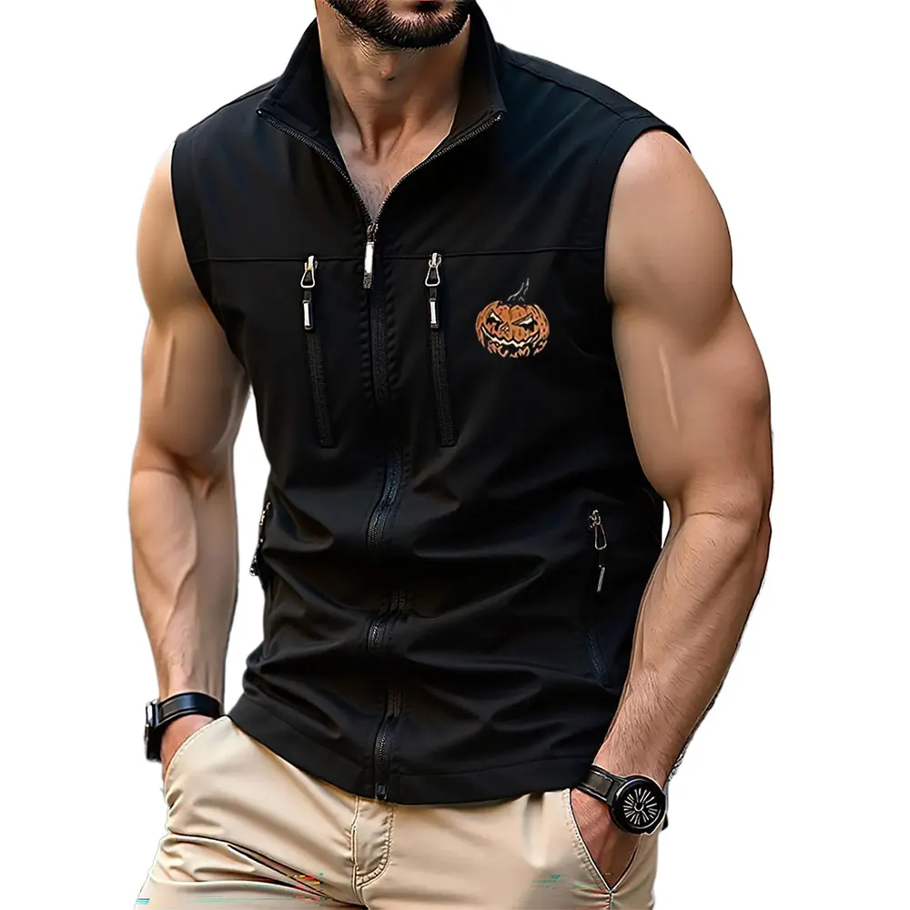 

Men’s Cargo Vest Pumpkin Head Prints Multiple Zipper Pockets Sleeveless Windproof Outwear Windbreaker for Hiking Campin