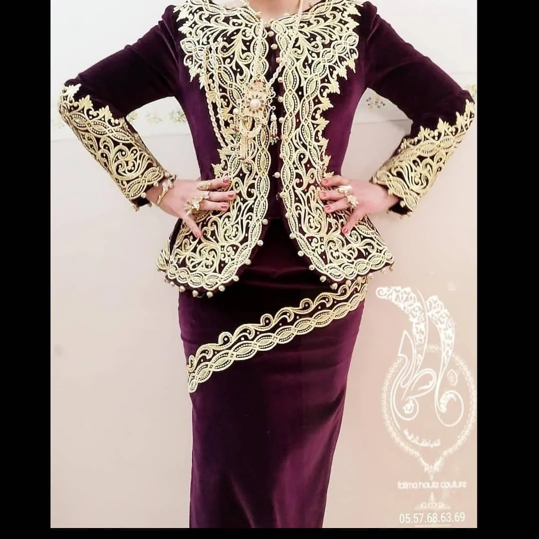 Karakou Algerois Burgundy Evening Dresses with Long Sleeve Gold Lace Velvet Sexy Slit Arabic Dubai Outfit Prom Occasion Gown