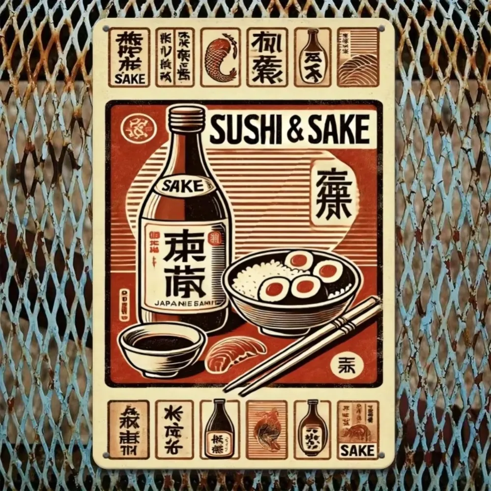 Pintura decorativa clásica japonesa de sushi y sake, adecuada para restaurante, bar, cocina, sala de estar, decoración de oficina