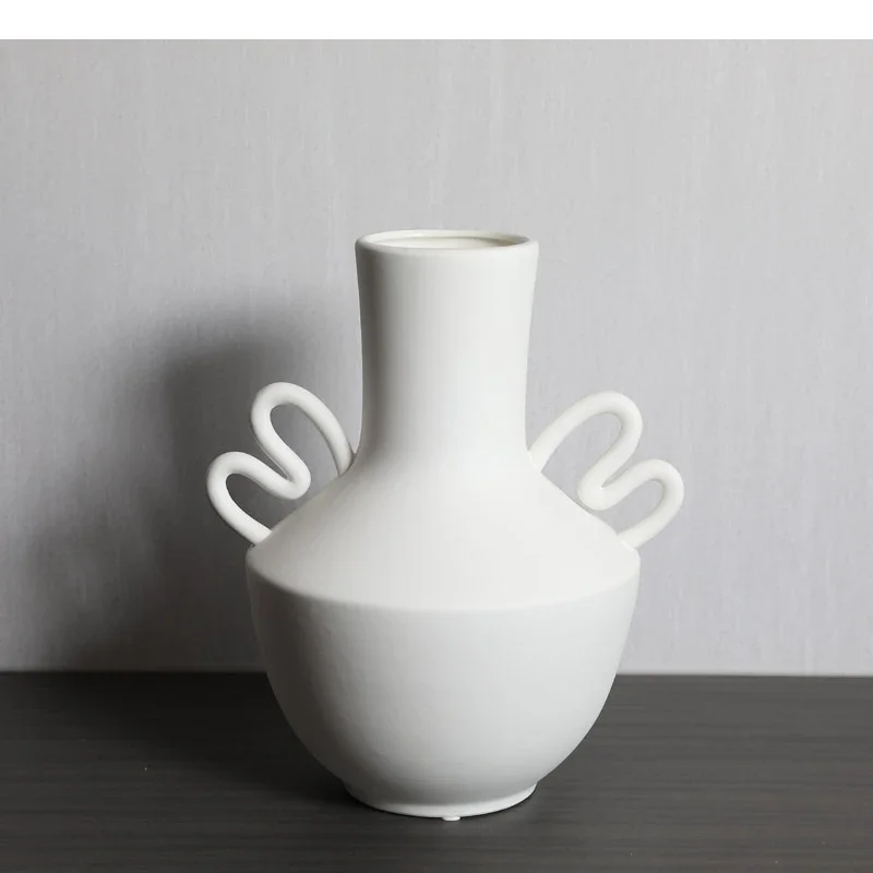 Ceramic Vase Geometry Wavy Handle White Flower Floral Arrangement Accessories Terrarium Home Decoration