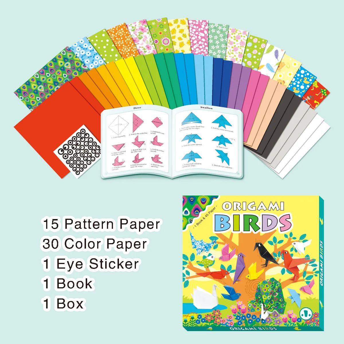 ชุดงานประดิษฐ์โอริกามิปี 2025: กระดาษสี 45 แผ่น + หนังสือสอนทำนกโอริกามิ - งานสร้างสรรค์ DIY สำหรับเด็ก