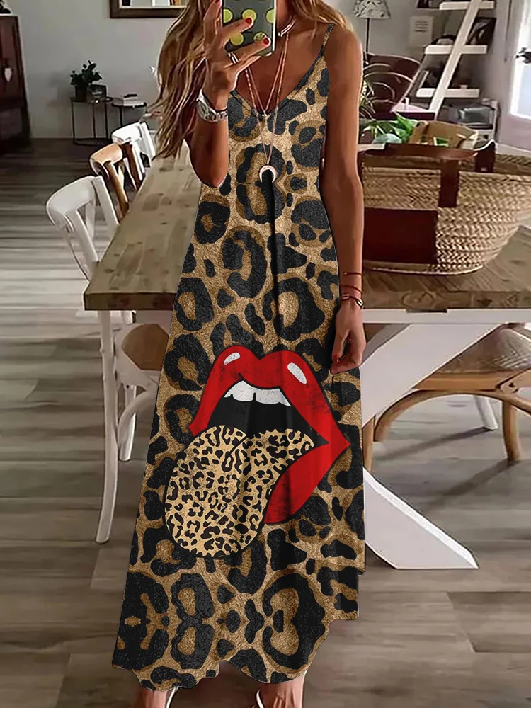 

Leopard Print And Red Lip Print Women's Dress Urban Street Fashion Sleeveless Dress Summer Everyday Casual Women's Halter Dress