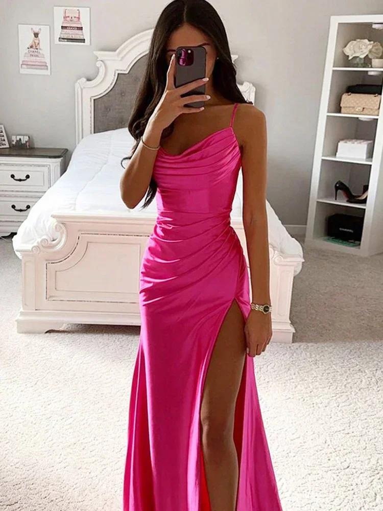 

Solid Satin Backless Side Split Maxi Dress Women 2023 Summer Sexy Slim Off Shoulder Ruched Bodycon Female Party Evening Dresses