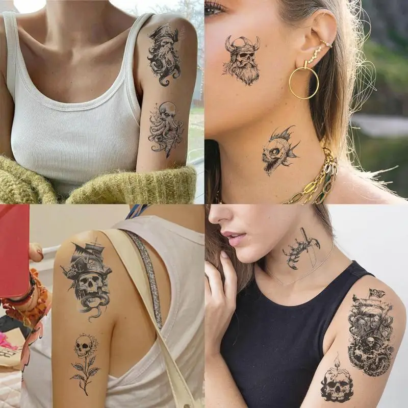 10 pçs/set novo esqueleto crânio tatuagens temporárias adesivo tatuagem falsa braço arte corporal lavável fontes de festa favores