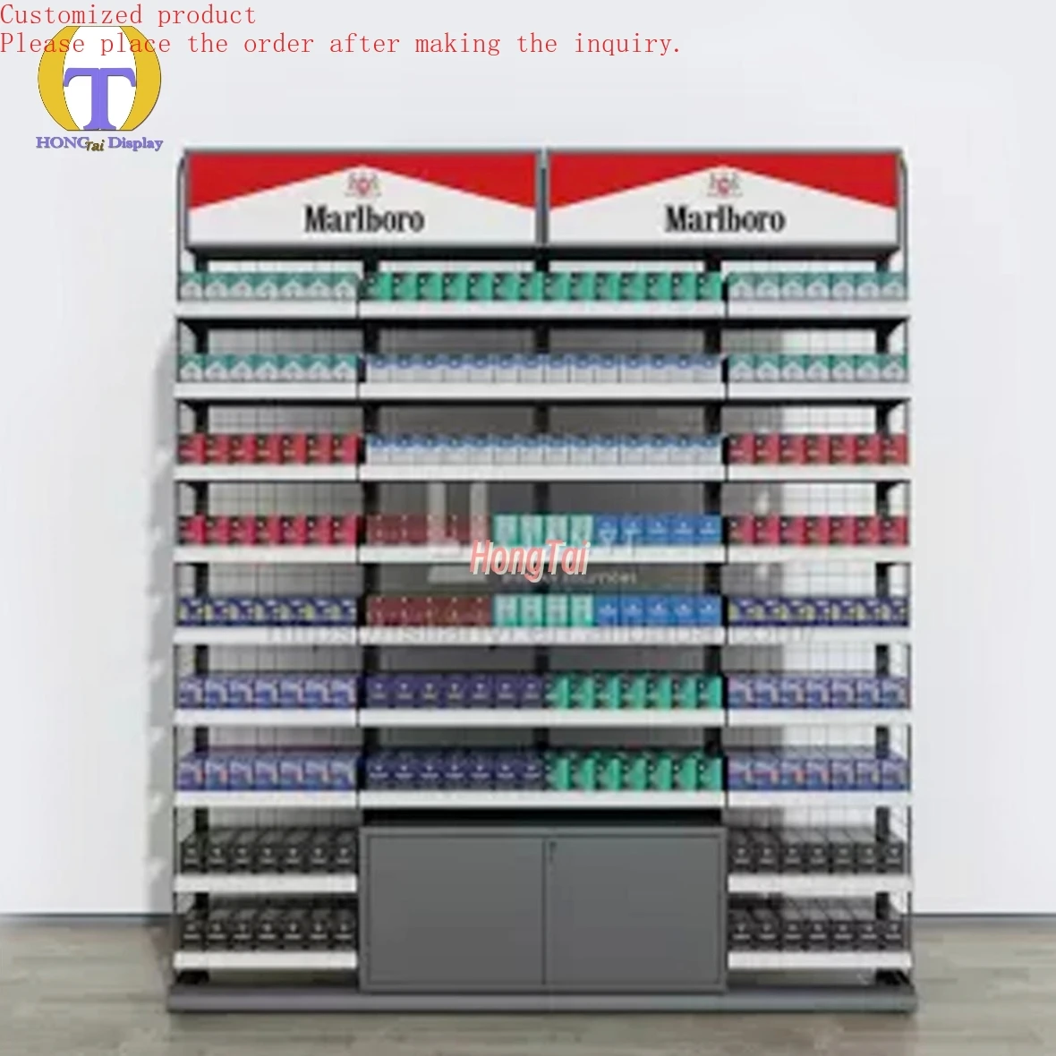 

Custom.Rapid Production Metal Shelf for Showroom LED-Lit Smoke Display Showcase with Pusher for Cigarette Shop Display Rack
