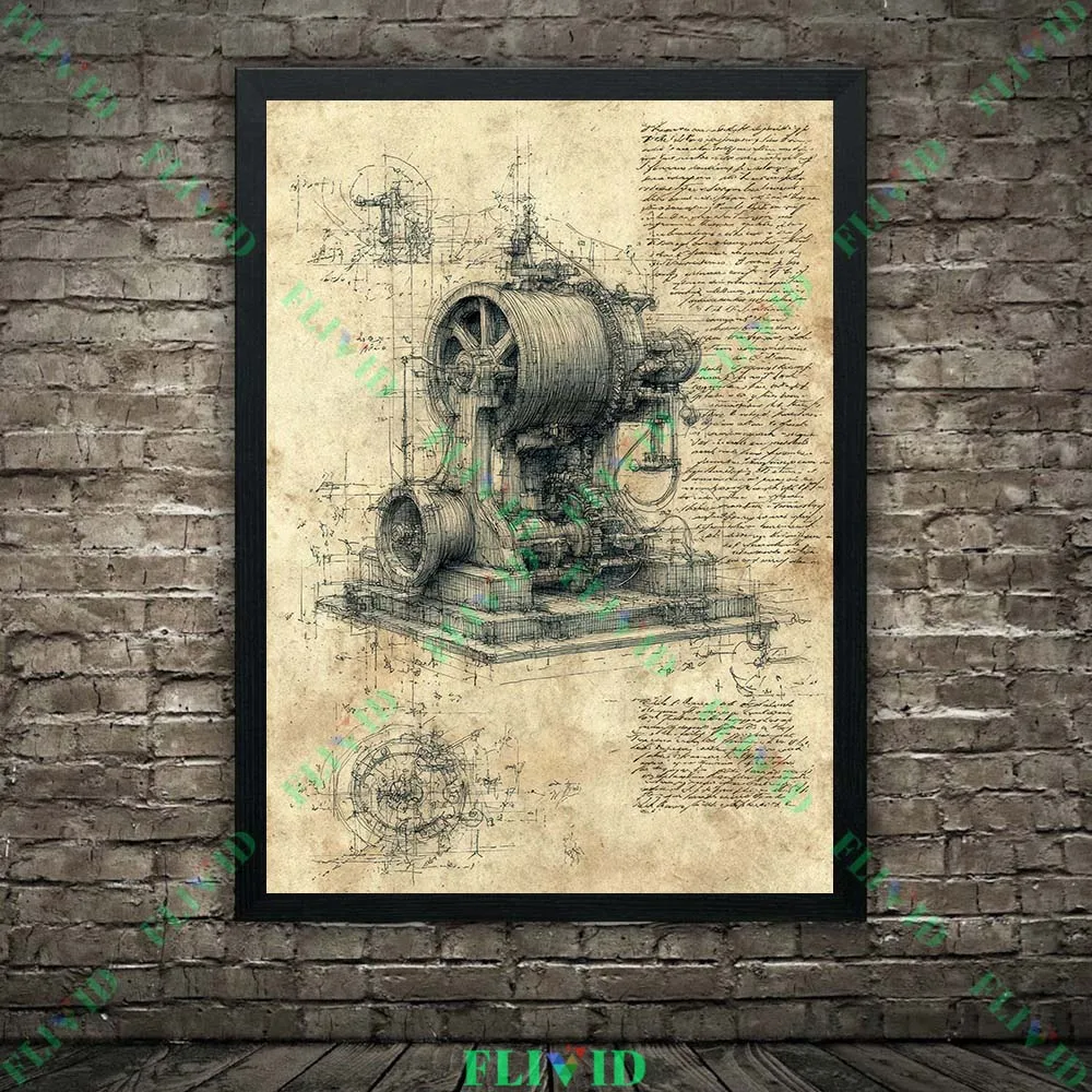 Industrial Mechanism Blueprint Vintage Wall Art Canvas Painting,Invention Drawings Antiques Art Poster And Print Home Decor
