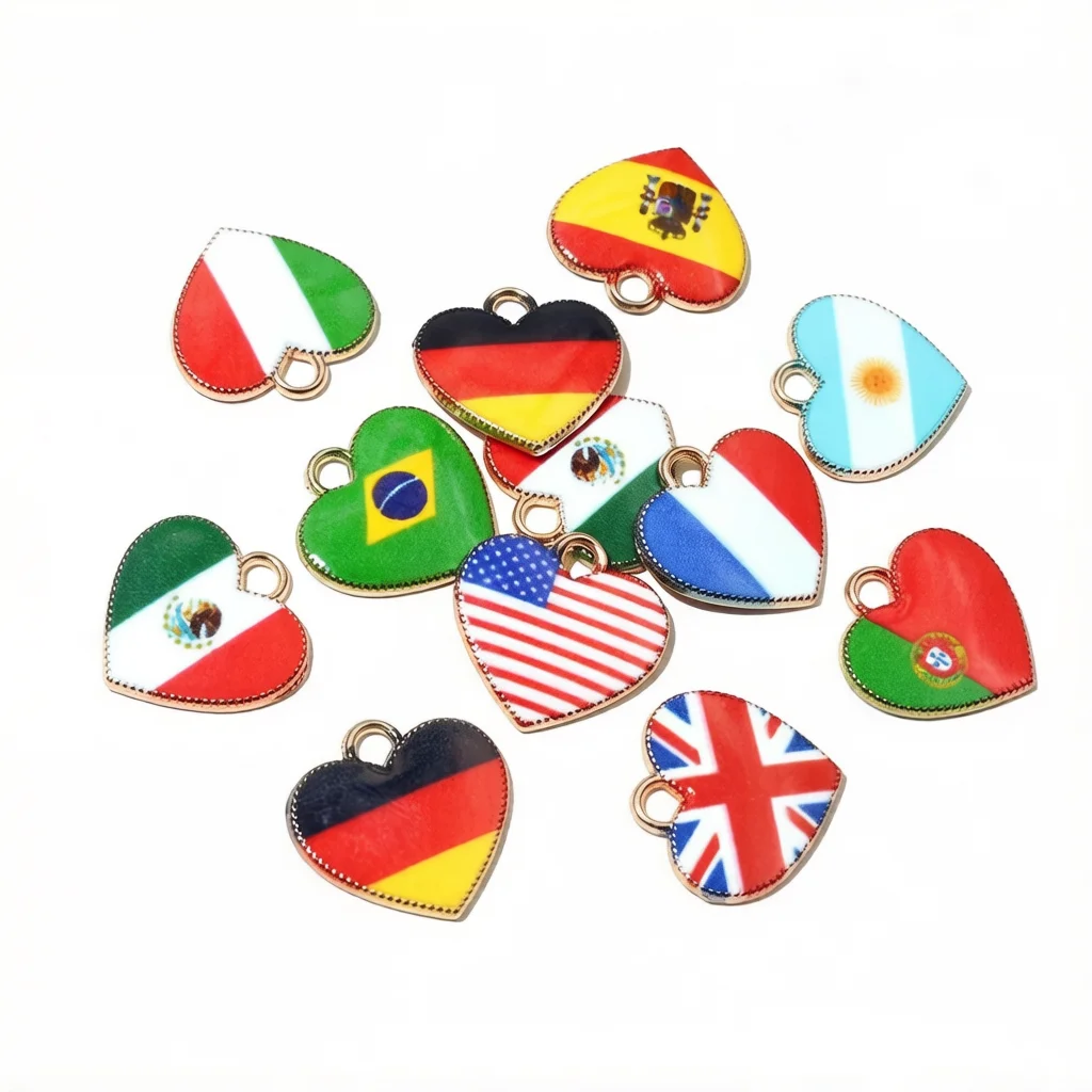 20pcs Heart Charms 15x16mm  DIY Enamel National Flags of Countries  Pendant  Jewelry Making Accessories for Necklace Earrings