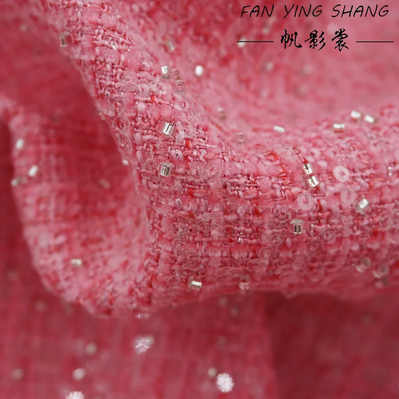 2024 The Pink Beaded Sequins Tweed Fabric For Coat 트위드젤ツイード Tissu Au MÈTre Ткань Для Sewing By The Yard Tecido Stoff Cloth Goods