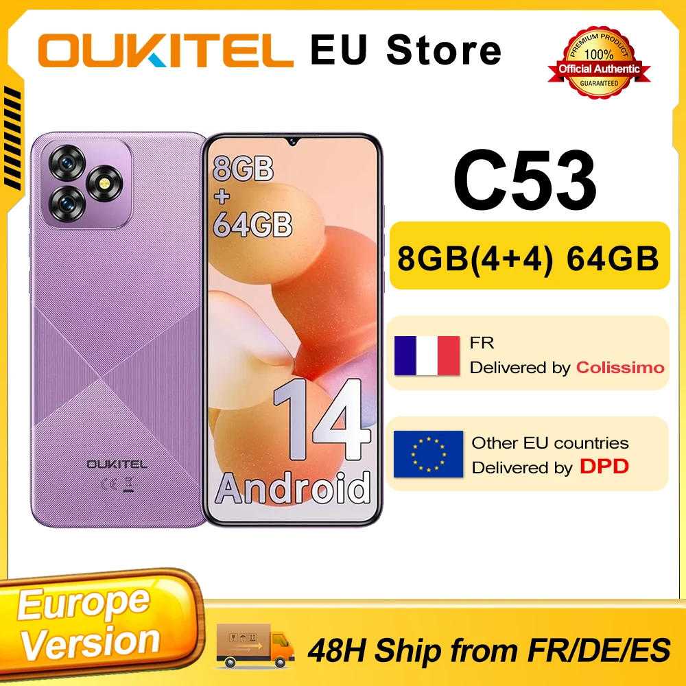 OUKITEL C53 téléphone portable débloqué 2024-Android Smartphone 14, 8go RAM + 64Go ROM/TF 1To, écran de téléphone, 43 piles