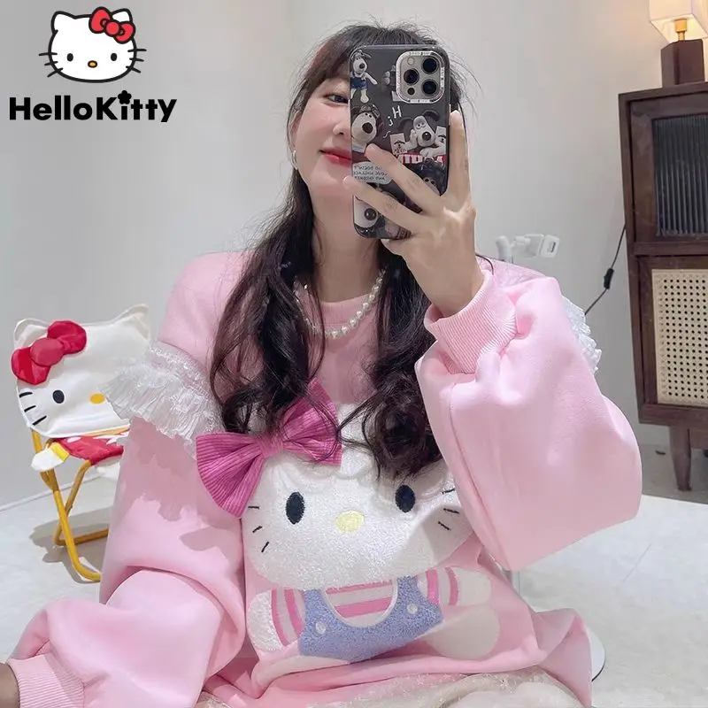 Sanrio Hello Kitty Y2k Korean Style Clothes Round Neck Pullovers Cartoon Aesthetic Cute Bow Loose Sweatshirt Women Fashion Tops