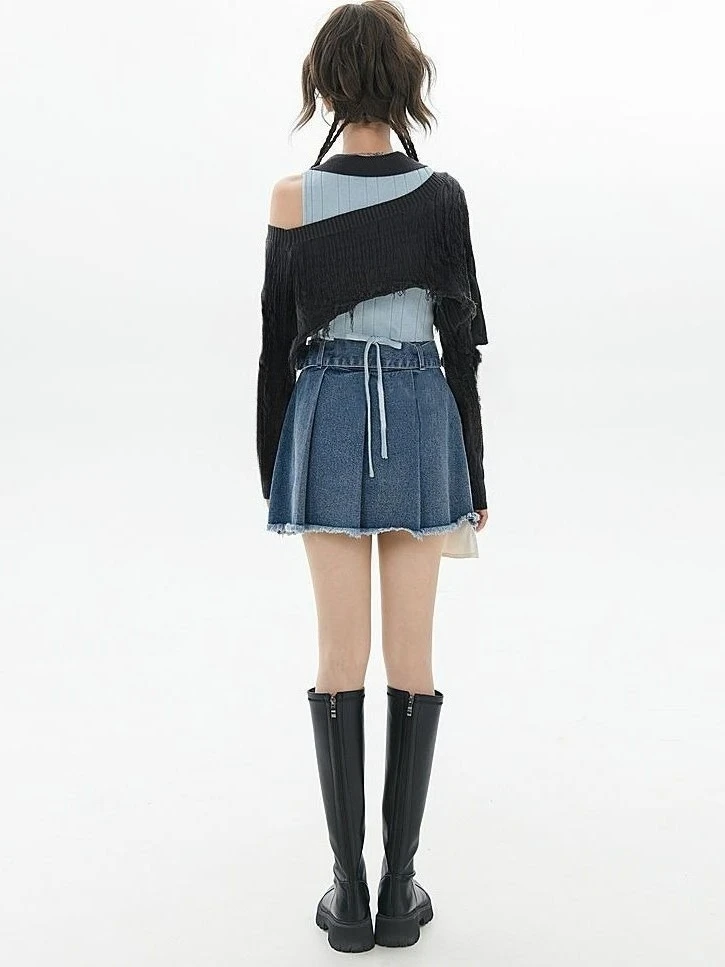 2025 Zomer Vrouwen Hoge Taille Gescheurde Kwastje Sjerp Designer Geplooide Borduren Denim Rok, Vrouw Rokken