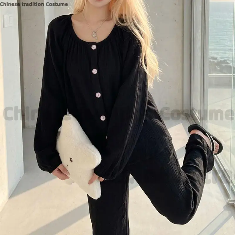 Women New Cotton Pajama Set Crew Neck Cardigan Long Sleeve Long Pants 2 Piece Loungewear Solid Color Loose Sleepwear