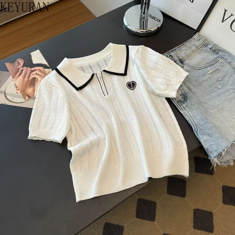 

French Gentle Style Embroidery Heart Short Sleeve Sweater Women Summer Polo Collar Ice Silk Knitted T-shirt Casual Knitwear Tops