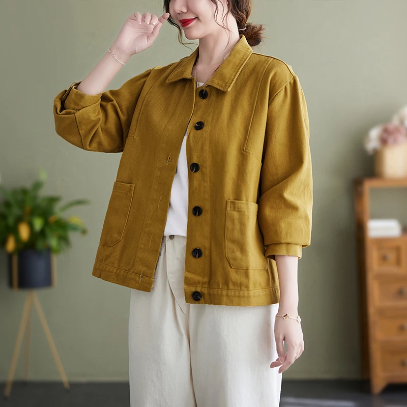 

Slimming Pure Cotton Long Sve ort Coat for Women Collar Loose Fit Artistic Sle Casual Wear Spring Autumn New Arrival