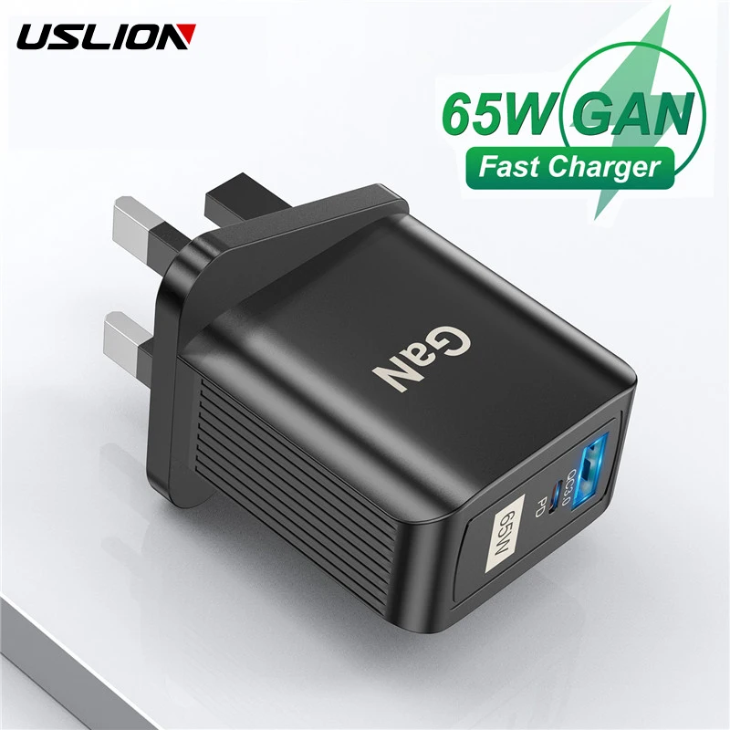 USLION 65W GaN 영국 EU 미국 플러그 고속 충전기, USB C 충전기, 노트북 PD QC 3.0 C 타입 충전기, 아이폰 샤오미 여행용 고속 충전 