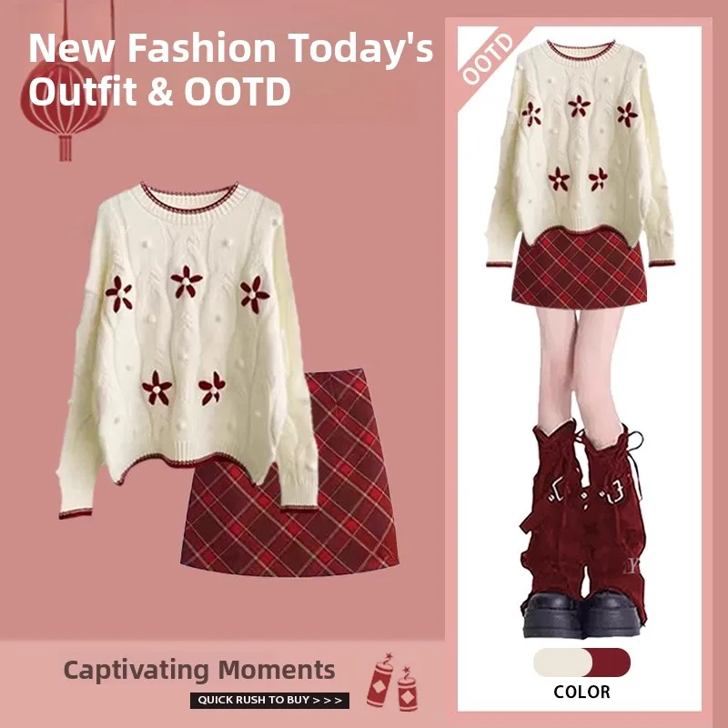 

Korean Sle Knitted Sweater And ort Skirt Set New Year Luy Year Winter Faion Lazy Sle Polyester Fiber Two Piece Set