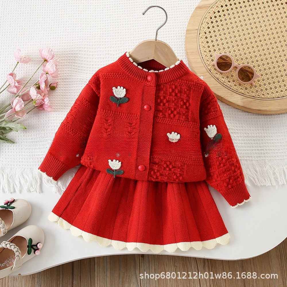 Girl Sweater Sets Autumn Winter New Fashion Korean Girl Pure Color Flower Knit Sweater and Lace Skirt Two Price Sets
