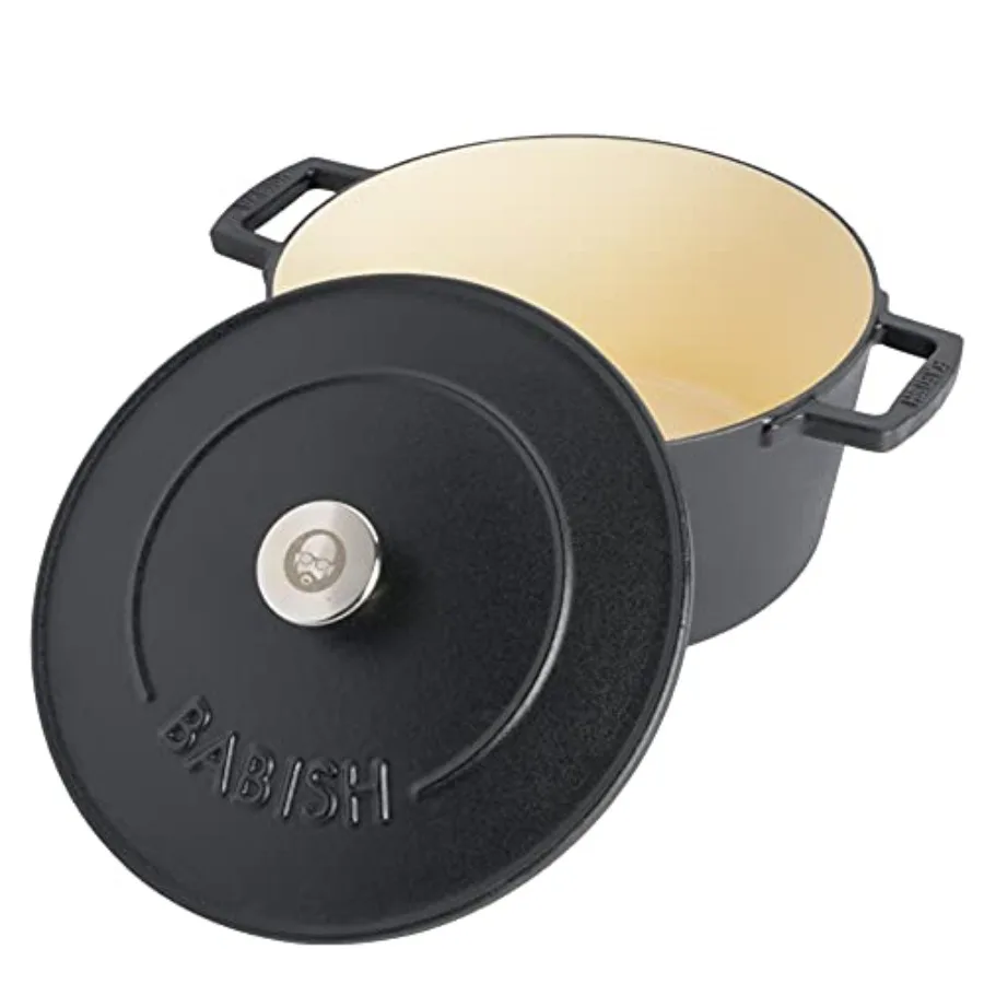 

Round Enamel Cast Iron Dutch Oven with Lid 6Quart Matte Black Finish for Slow Cooking Stewing Baking and Braising on Gas Electr