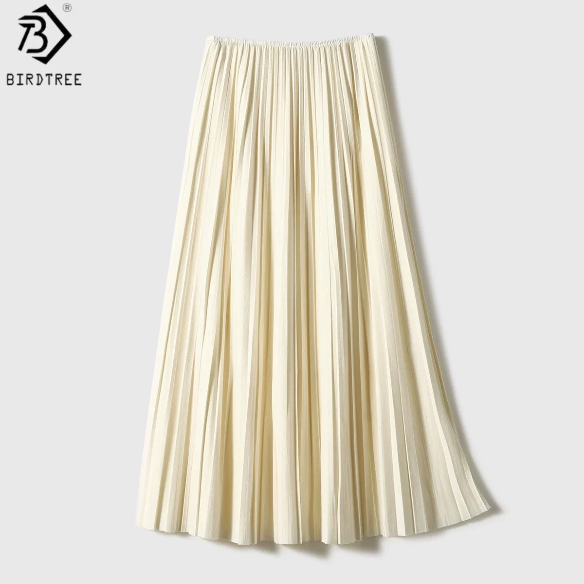 Birdtree, Wool Blended Pleated Skirt, Double Layer, Women's Casual Long Skirts, Elastic Waist, 2026 Autumn Winter New D67036JF