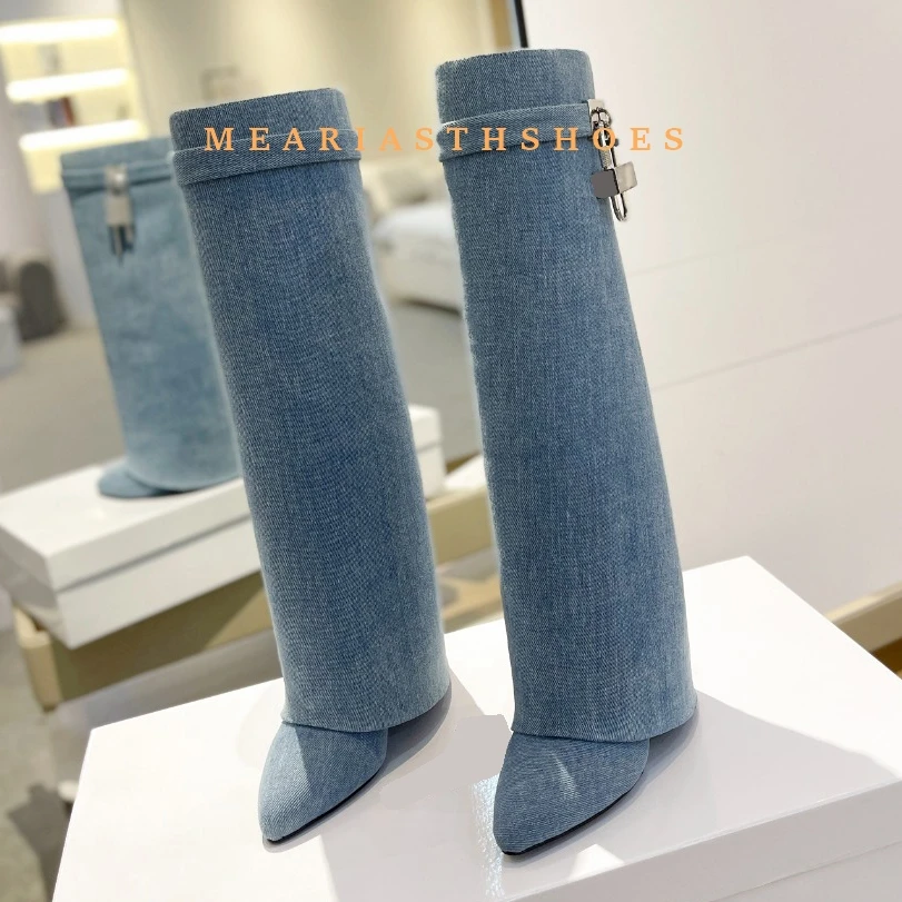 قفل معدني مطوية امرأة حذاء بكعب ويدج حزام جلد أسود الارتفاع زيادة حذاء برقبة للركبة أشار تو الشتاء أحذية طويلة حجم 44 #6