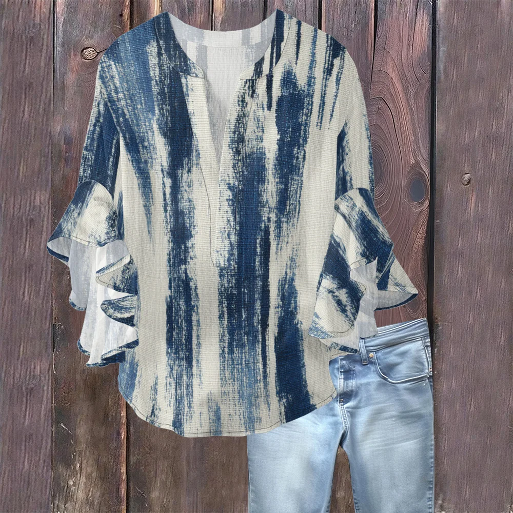 Sexual Intellectual Style V Neck Shirt Butterfly Sleeve Bubble Crease Fabric Women's Blouse Summer Casual Elegant Loose Fit Top