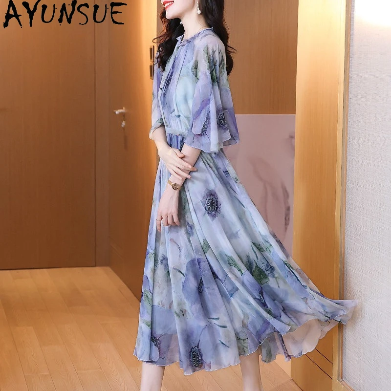 

AYUNSUE 100% Natural Mulberry Silk Dress Elegant Dresses for Women Summer Woman Clothes Long Dress 2026 Vestidos Femenino