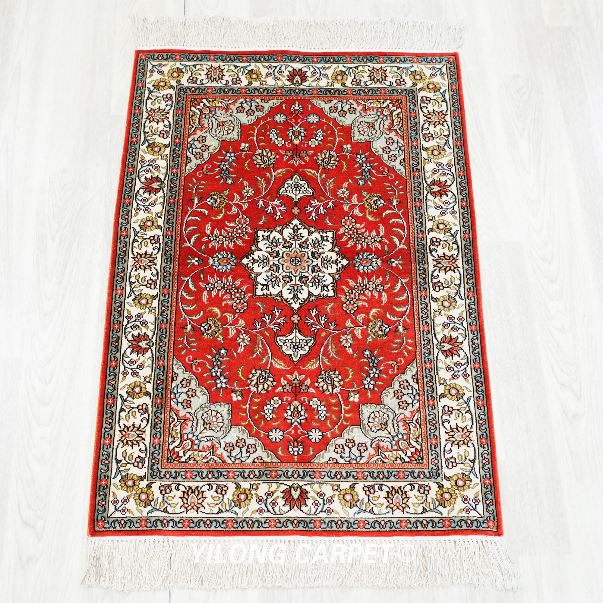 61x91cm Persian Silk Carpet Red Handmade Exquisite Turkish Rug Patterns (SLF150B)