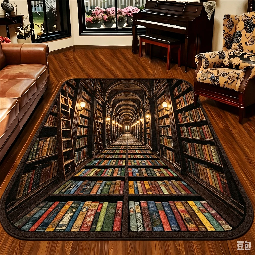 Rug Bookshelf Optical Illusion Vintage Library Print Decorative Floor Carpet Living Room Study Room Home Interior Art Decoration