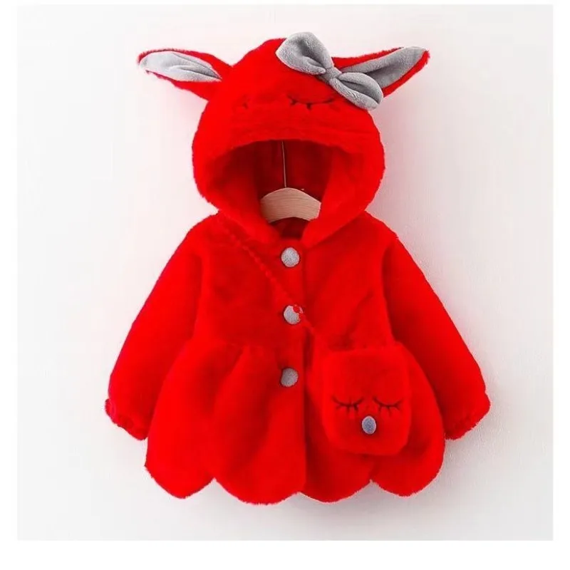 Winter New Children\'s Clothing Girls Long Sleeve Hooded Thick Fur Cartoon Cute Rabbit Ears Coat