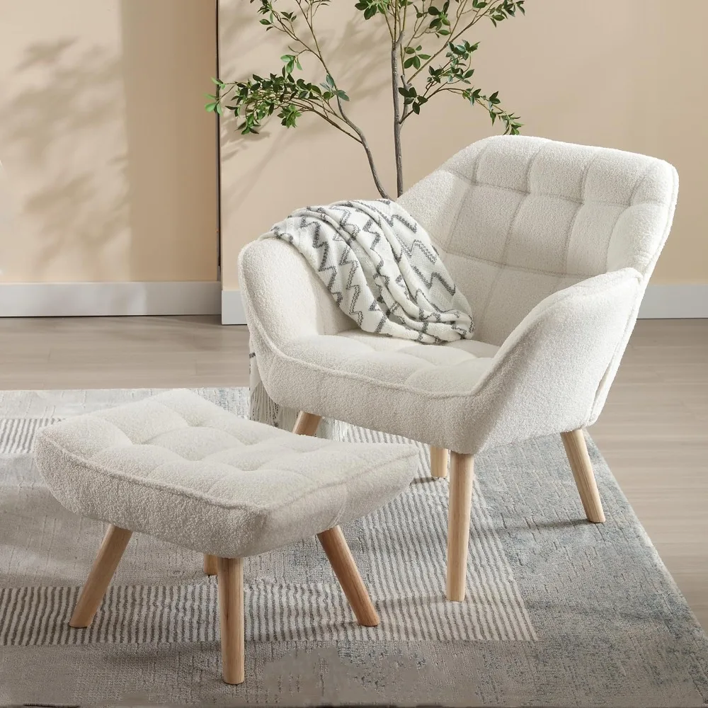 

Living Room Chair with Footrest Upholstered Sofa Armchair with Wood Legs Comfy Reading Chairs, Living Room Chair