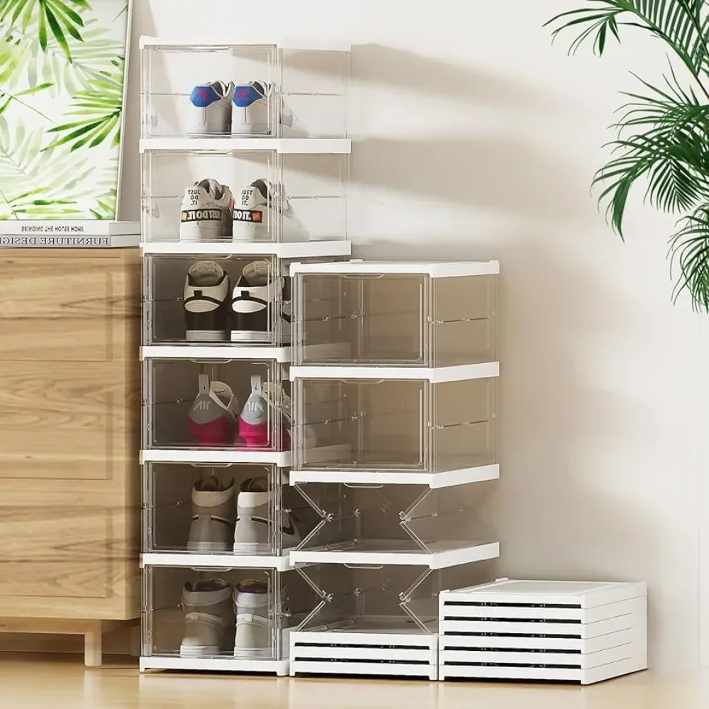 

6-Tier Stackable Shoe Storage Boxes with Lids Foldable Storage Portable Transparent Folding Multi-layer Integrated Shoe Cabinet