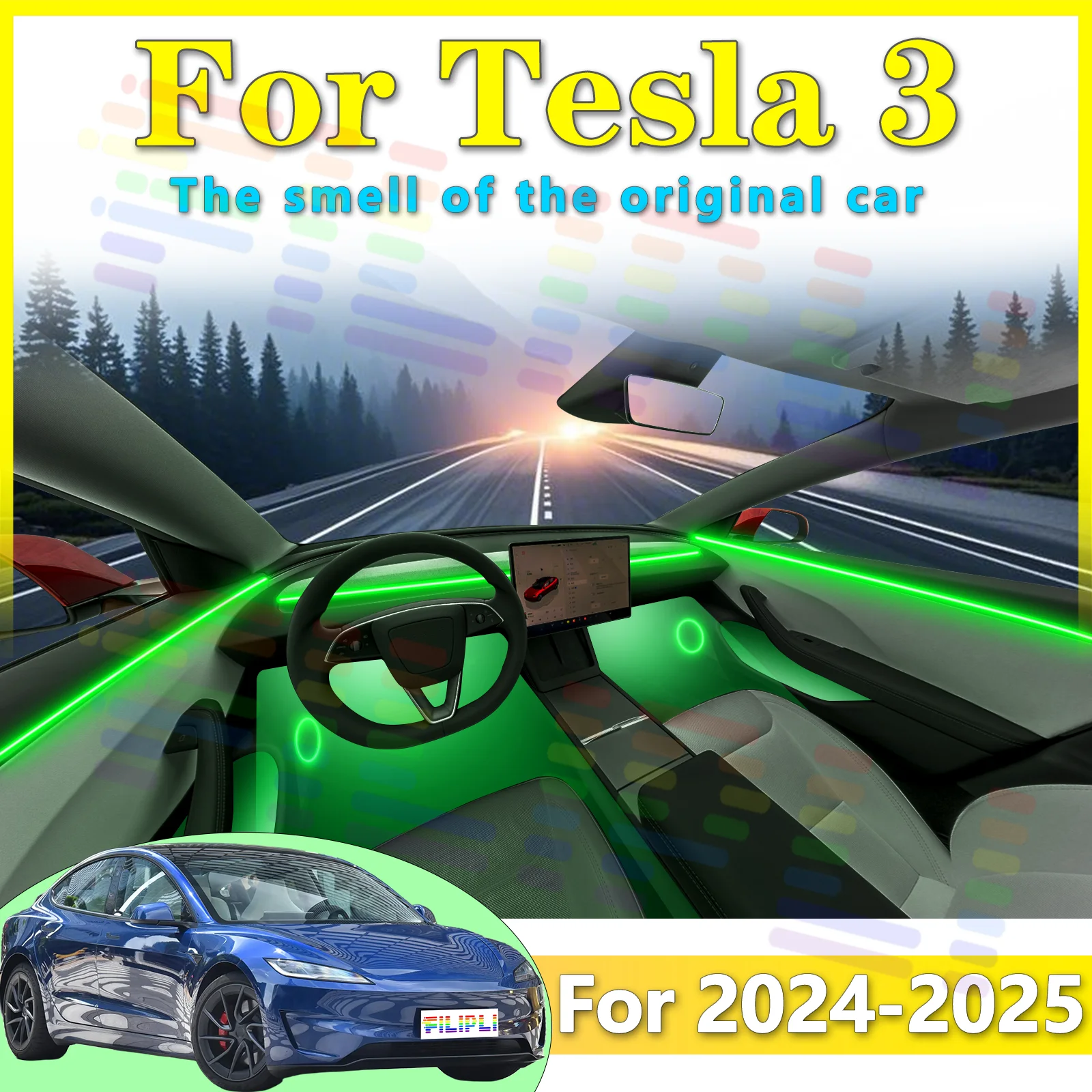 

FILIPLI для Tesla Model 3 Gen2, внутренняя светодиодная атмосферная световая полоса, акриловая, все цвета, регулируемая, с несколькими режимами для большего поколения