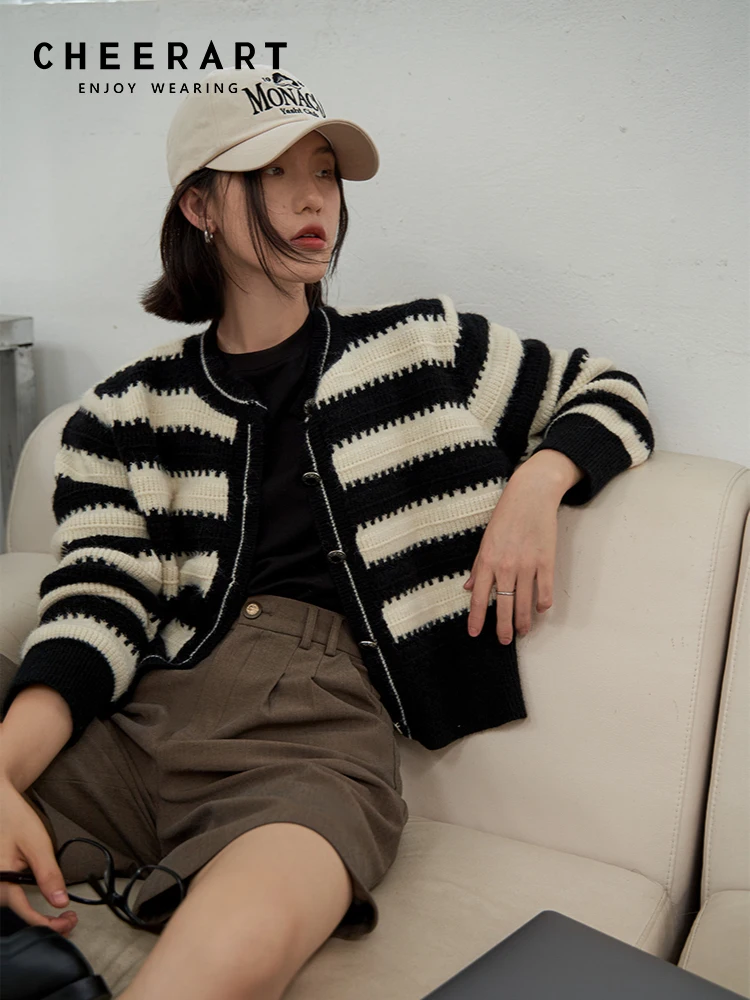 CHEERART Striped Sweater Cropped Cardigan Knitwear Long Sleeve Button Up Cardigan Autumn Winter Clothes Women 2022 Fashion