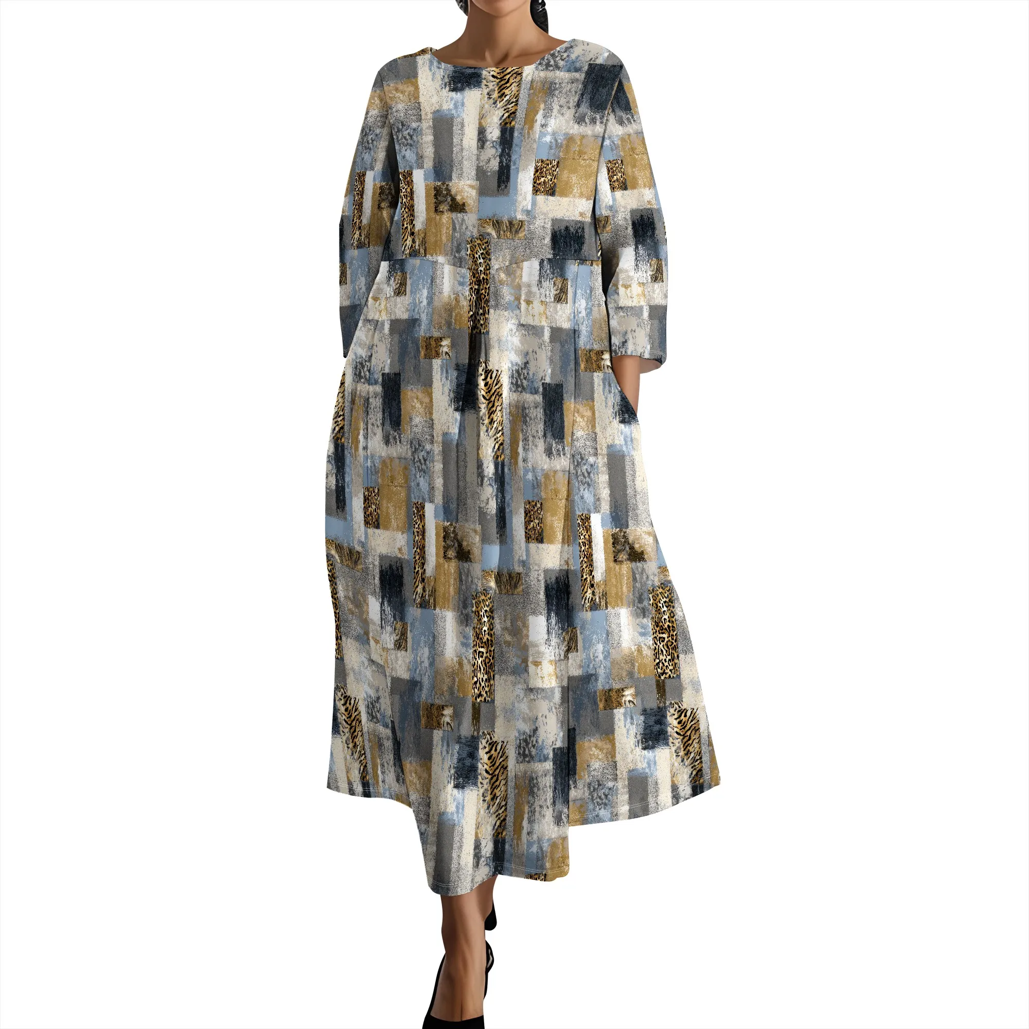 

Womens Fall Casual 3/4 Sleeve Floral Prirted Maxi Dress Plus Size V Neck Flowy Swing Tunic Shift Dresses with 2 Pockets