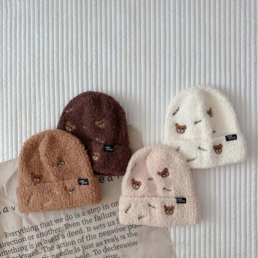 Embroidered Bear Baby Hat 2023 Autumn Winter Plush Kids Beanie Warm Hat Korean Baby Ear Protection Caps