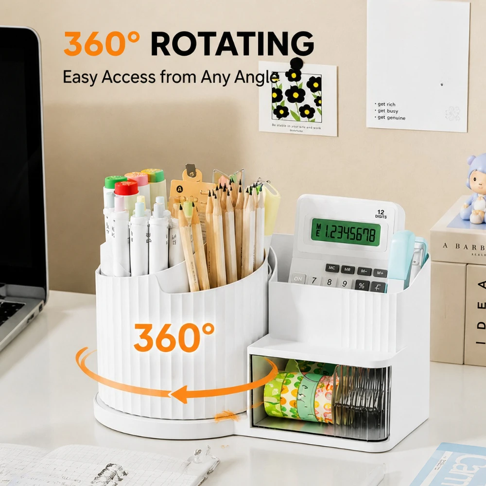 360° Rotating Pen Holder with Dust-proof Drawer Large-Capacity Spinning Cosmetics Container for Vanity Dorm Back-to-School Gifts