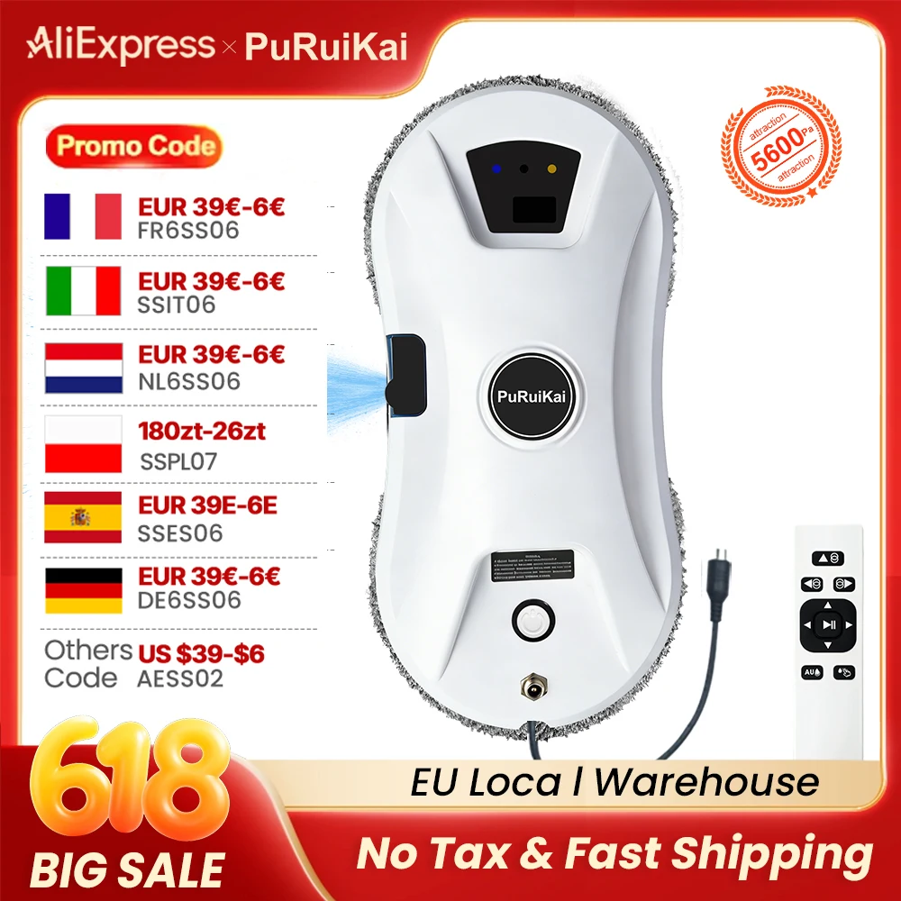 PuRuikai Robot de nettoyage de vitres automatique, robot nettoyeur de vitres à pulvérisation automatique, aspiration 5600 Pa, télécommande, détection des bords