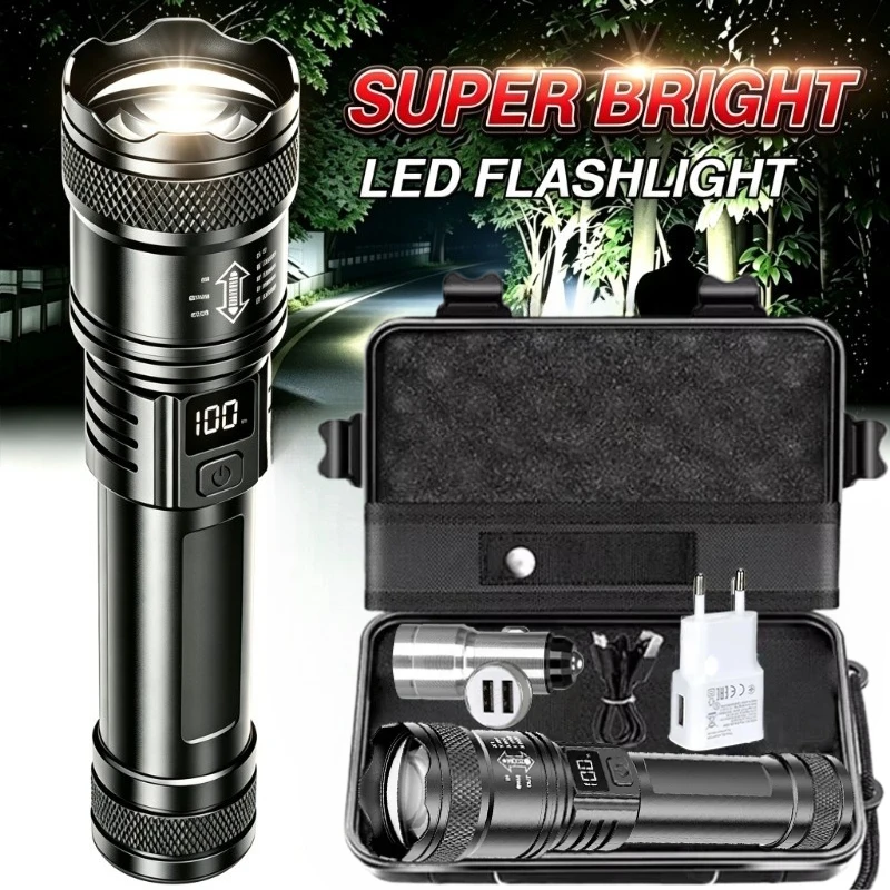 Super Bright LED Power Display Flashlight Type-C Rechargeable Waterproof Tactical Torch for Outdoor Camping Emergency Lantern