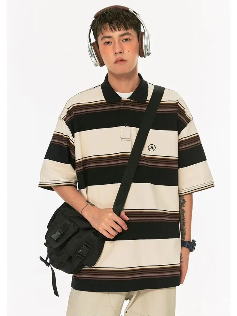 

Japanese striped contrast polo shirt short-sleeved male and female couple Hong Kong style retro summer Korean style T-shirt top