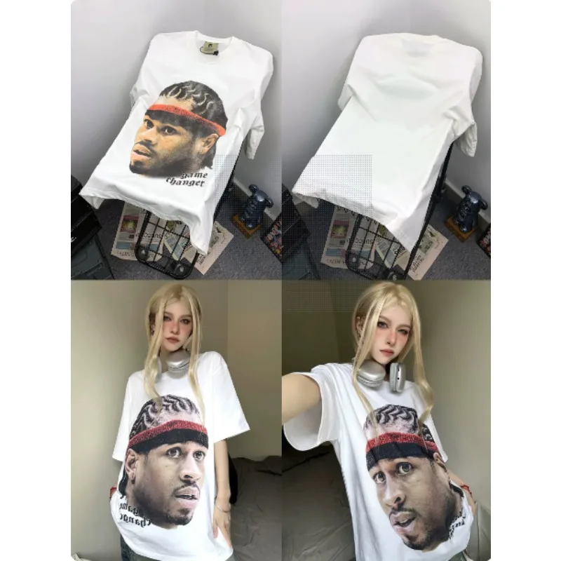 

Американская мода с коротким рукавом 2Pac Iverson Portrait Vintage Wash Быстросохнущая удобная свободная футболка для мужчин и женщин