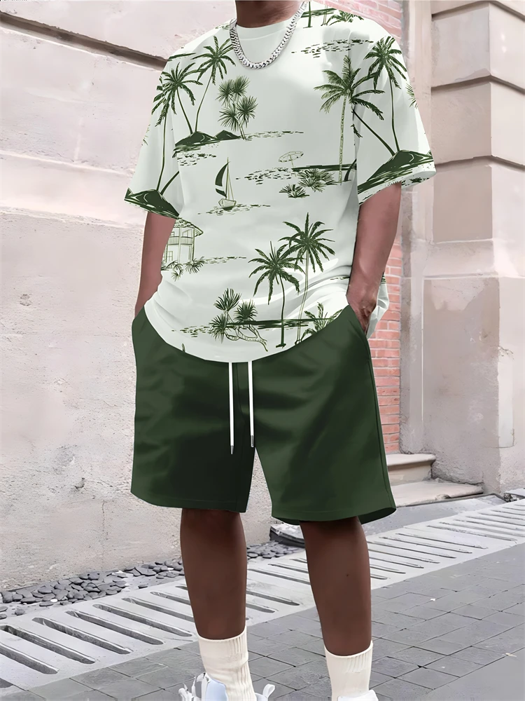 

New Men's Summer Two-piece Hawaii Printed Round Neck Short Sleeve Drawstring Shorts Men's Loose Fashion Casual Outdoor Suit