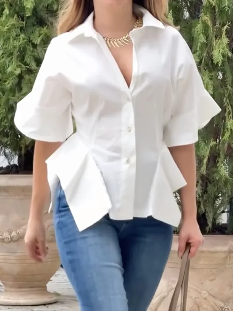 

Yeezzi Urban Female Solid Color Asymmetrical Lapel Shirts Office Lady 2025 New Half Sleeves Loose Buttoned Cotton Blouses Tops