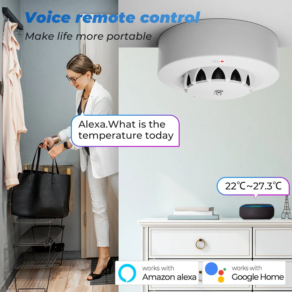 Tuya WiFi inteligente Zigbee 2 en 1 Detector de humo WiFi con Sensor de temperatura y humedad aplicación alarma de empuje compatible con Google Alexa